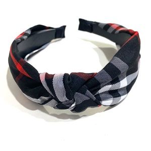 Plaid Headband Top Knot Black White Red